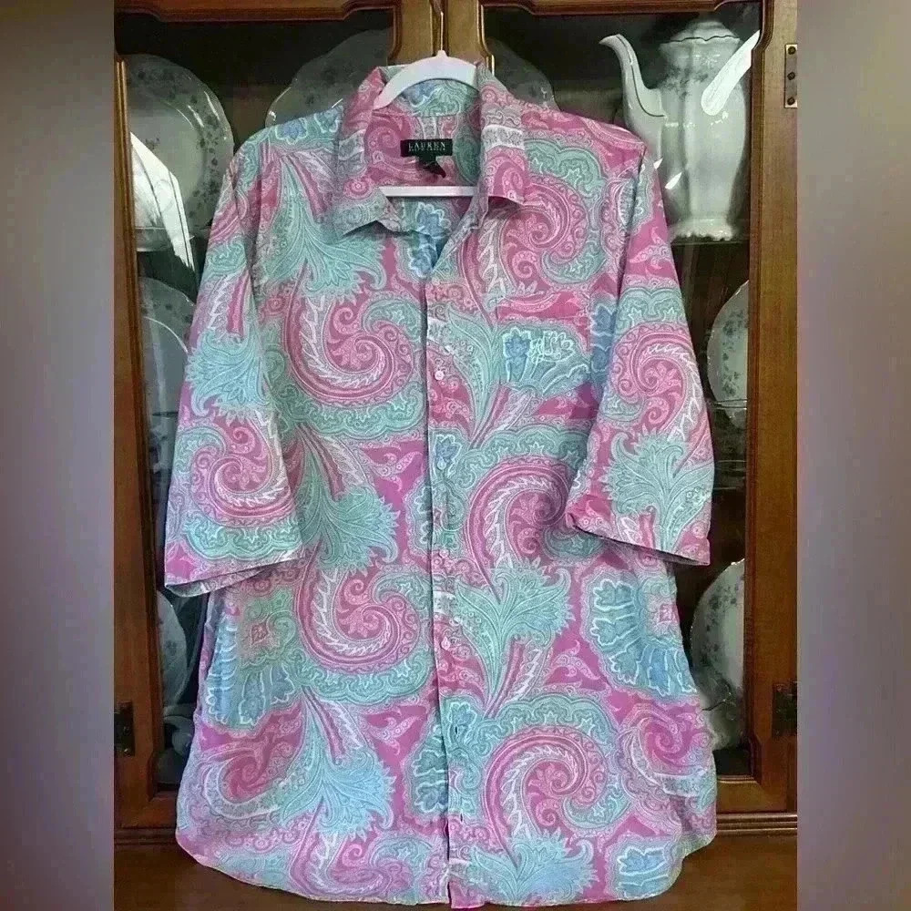 Lauren Ralph Lauren Pink Paisley Embroidered LRL size XL Sleep Shirt W/ pockets